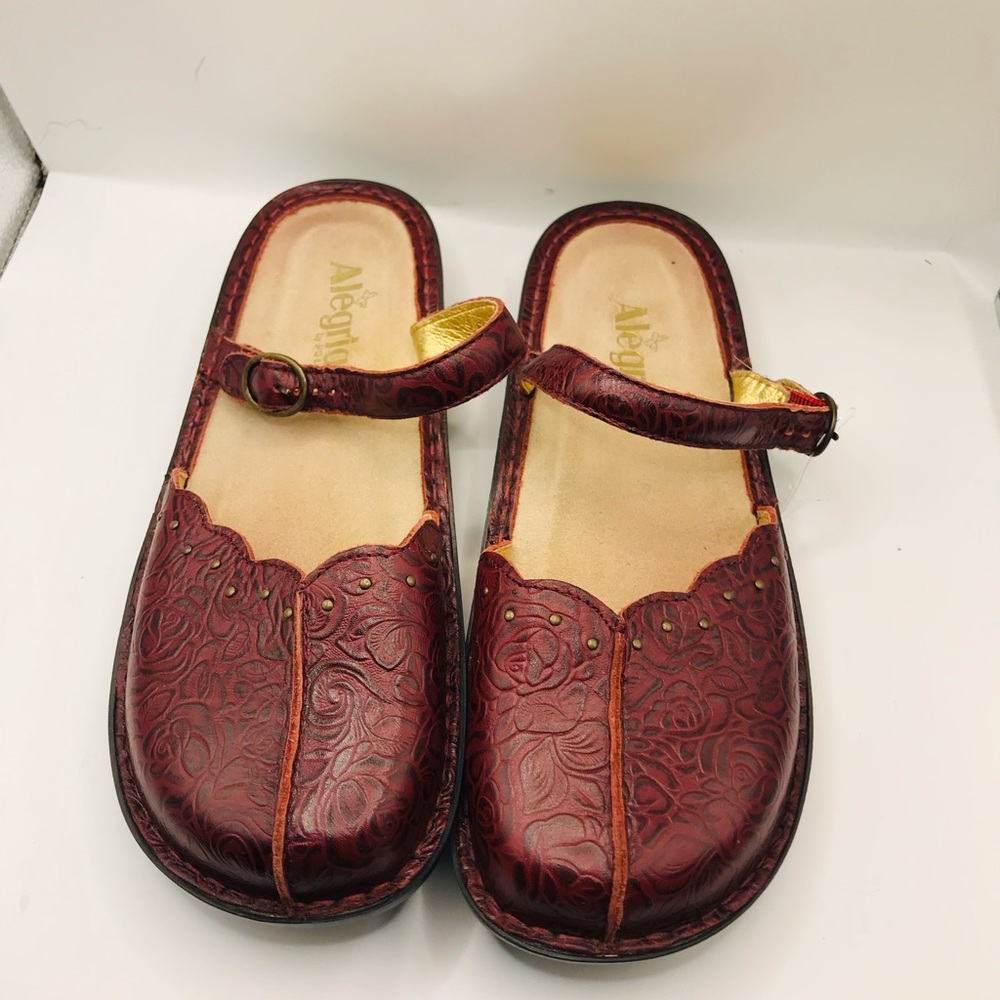 Alegria Women's Burgundy‎ Floral Leather Clogs with Strap - Picture 3 of 12
